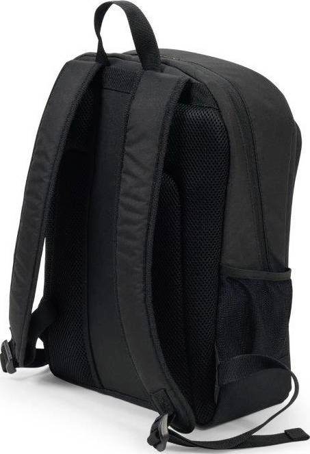 A black rucksack with adjustable shoulder straps and a mesh back panel, with a small side pocket.
