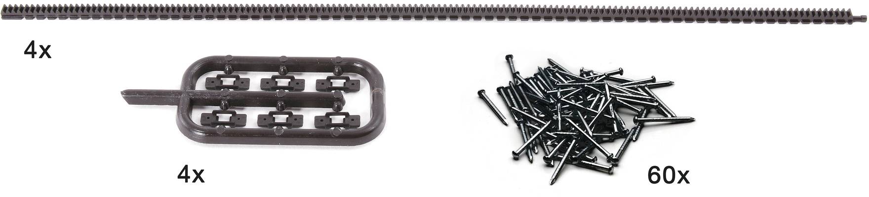 A set of 4 railway track clips, 4 connecting plates, and 60 screws.