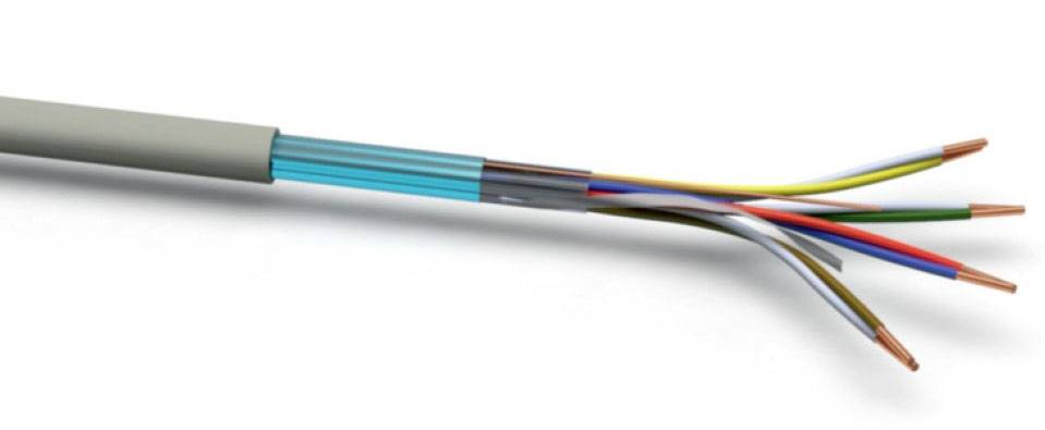An open, multi-core cable with several coloured wires is visible.