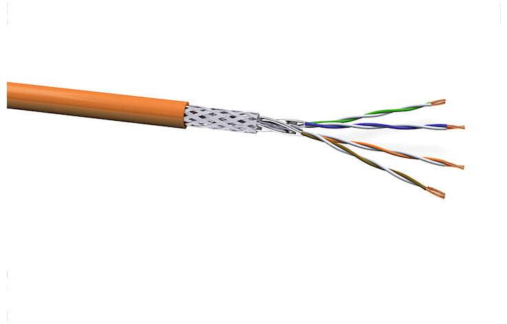 A network cable with an orange sheath, terminating with four colour-coded, twisted pair wires for data transmission.
