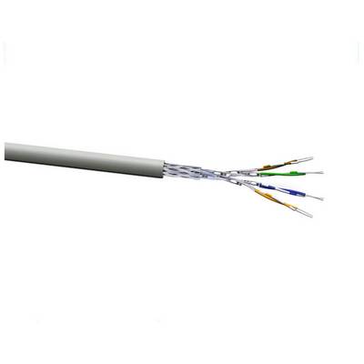 A CAT7 Ethernet cable with four exposed, differently coloured conductor pairs in white, green, orange, and blue.