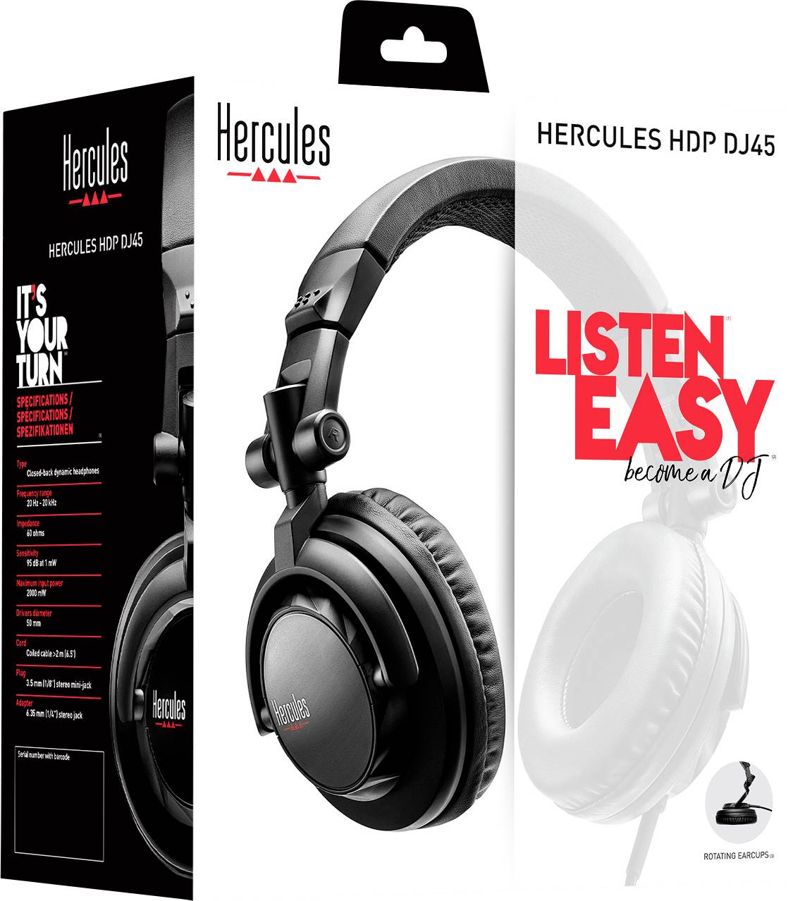 Headphones 'Hercules HDP DJ45' with black design. Packaging text: 'It's your turn', 'Listen easy, become a DJ'.<br><br>Note: The text appears to already be in English, so no significant translation was necessary. I've simply reproduced the original text.