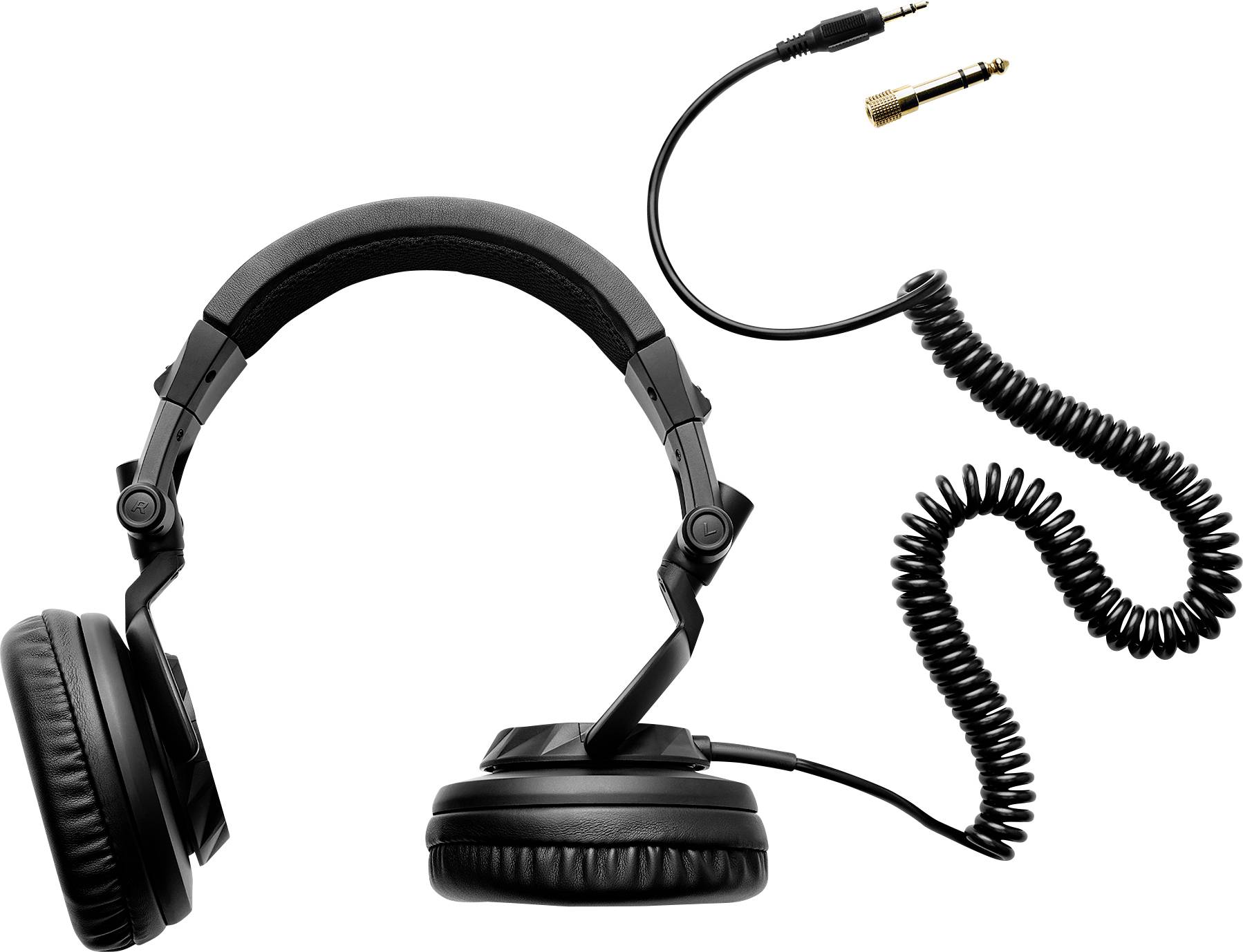 A black, foldable headphone with a coiled cable and detachable audio plug, photographed against a white background.