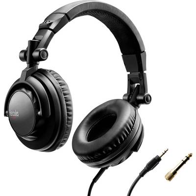 Black over-ear headphones with cable, detachable ear cushions and gold-plated adapter for high-quality audio connections.