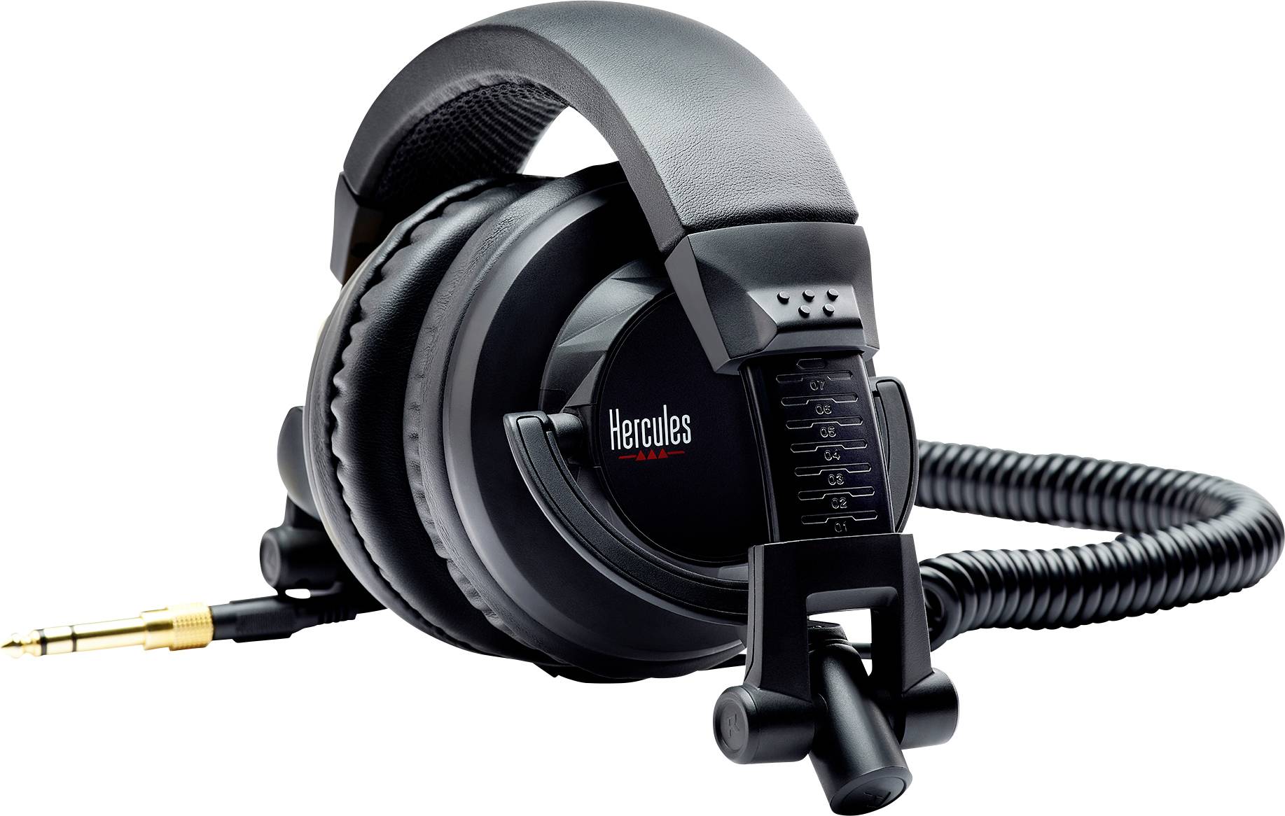 Black over-ear headphones with coaxial cable and gold-plated plug, suitable for professional audio monitoring.