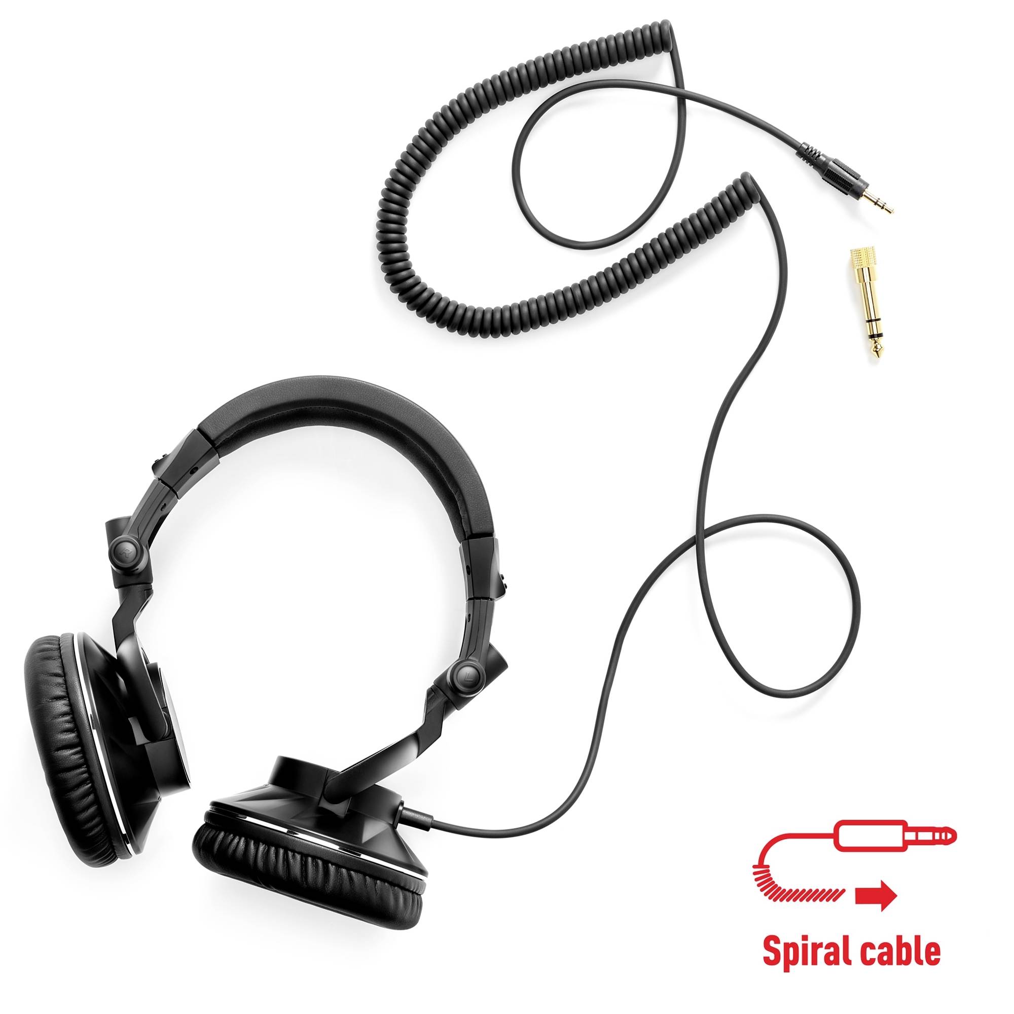 Black headphones with detachable spiral cable and 3.5mm jack plug. Bottom right features a symbol with the label 'Spiral cable'.