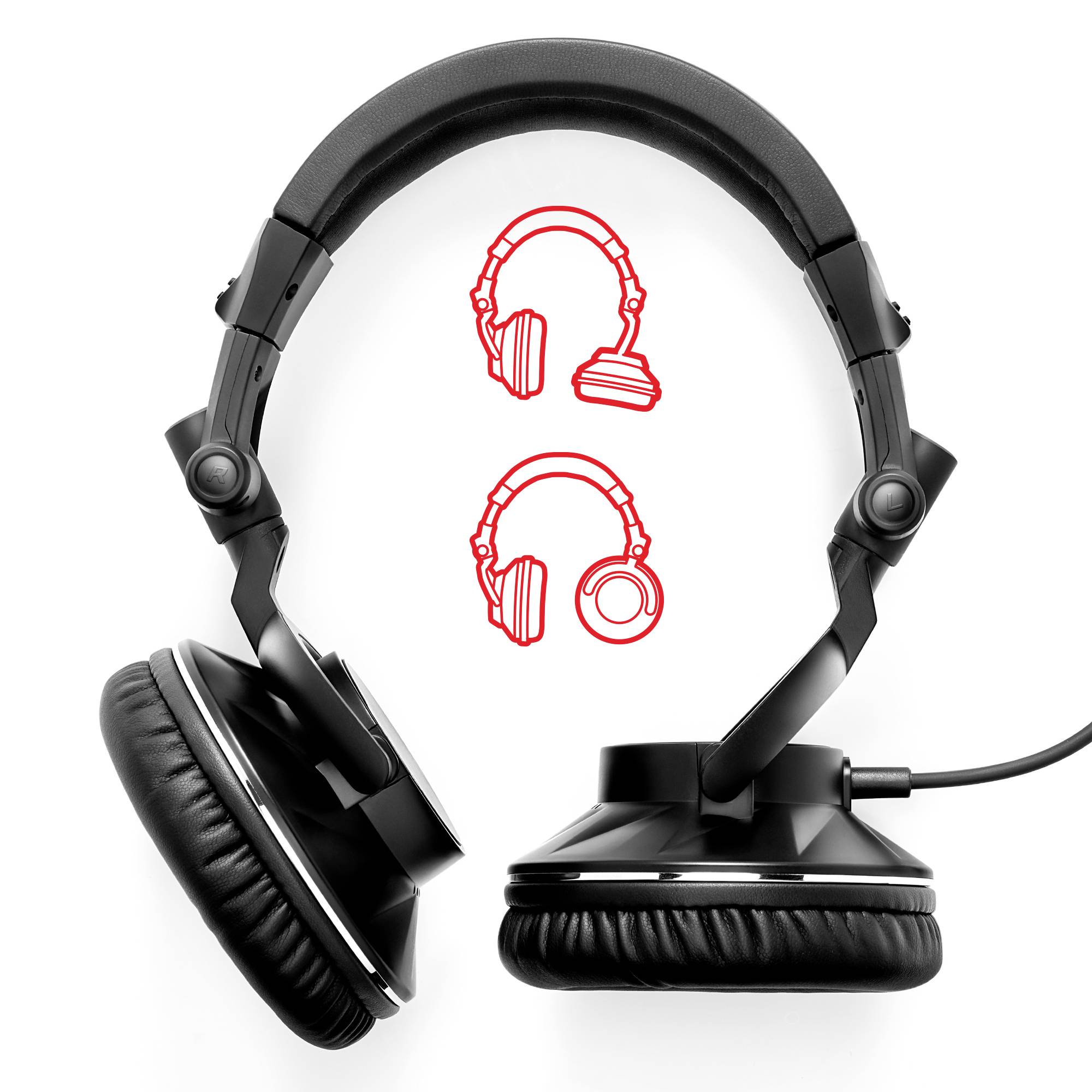 A pair of black headphones lies on a table. Above them hovers a red, stylised graphic of headphones from two perspectives.