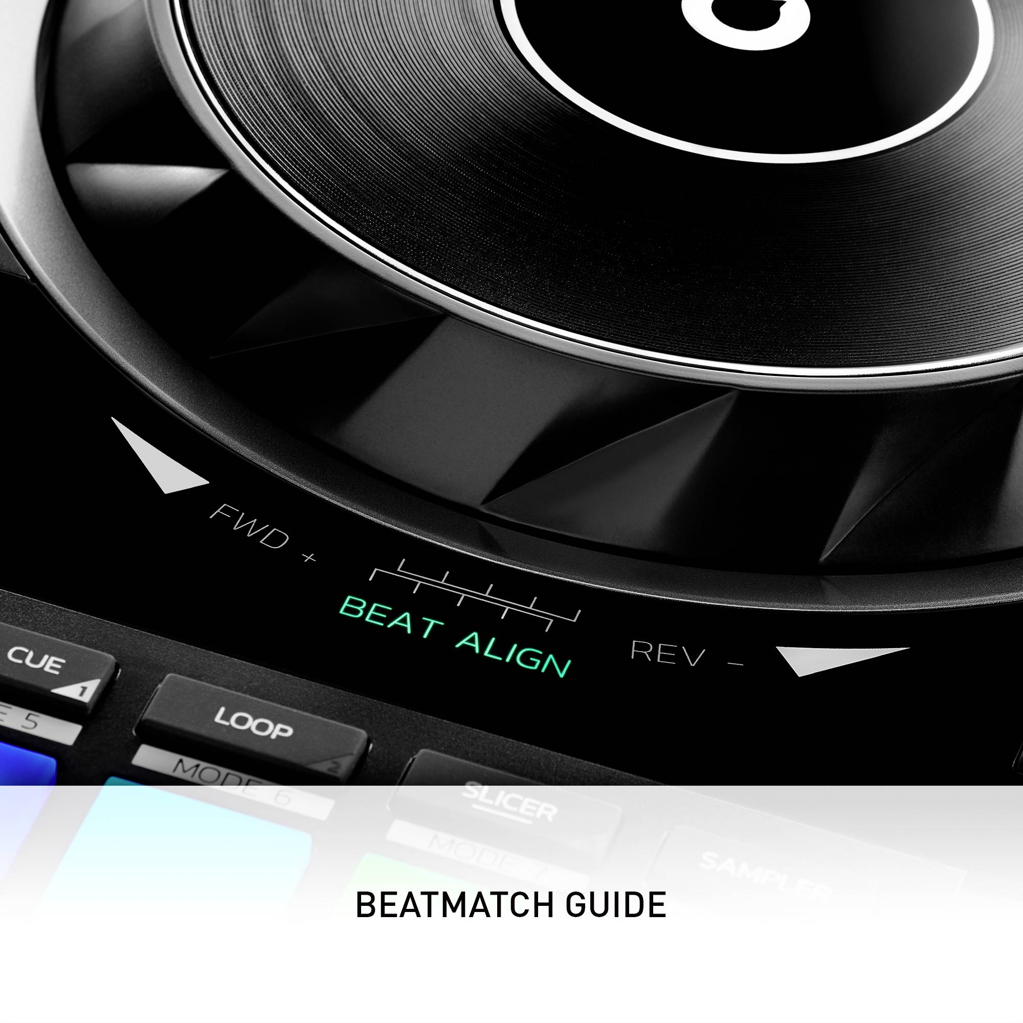 Close-up of a DJ turntable with the inscription 'FWD ALIGN REV' and the title 'BEATMATCH GUIDE' underneath.