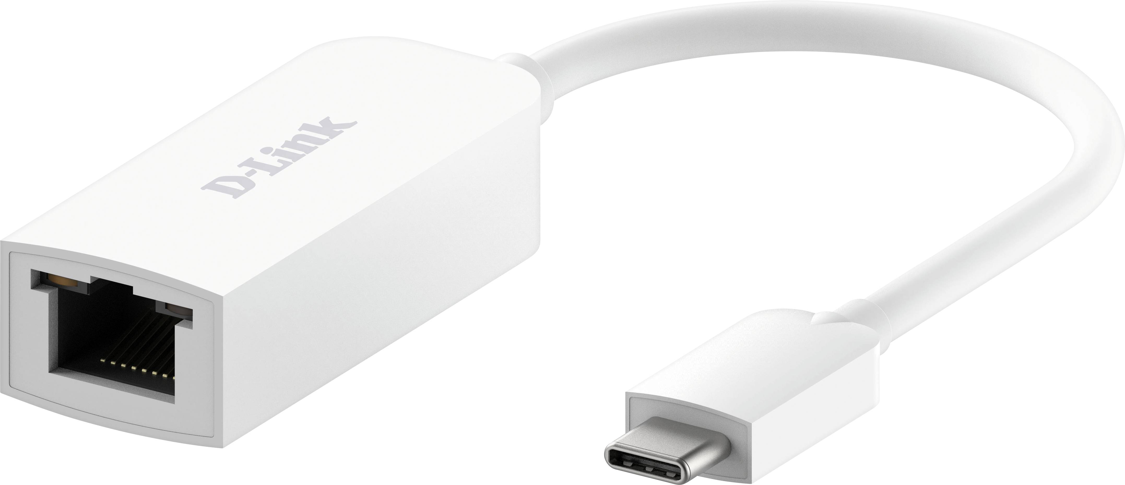 A white USB-C to Ethernet adapter by D-Link, which establishes a connection between a USB-C port and an Ethernet cable.