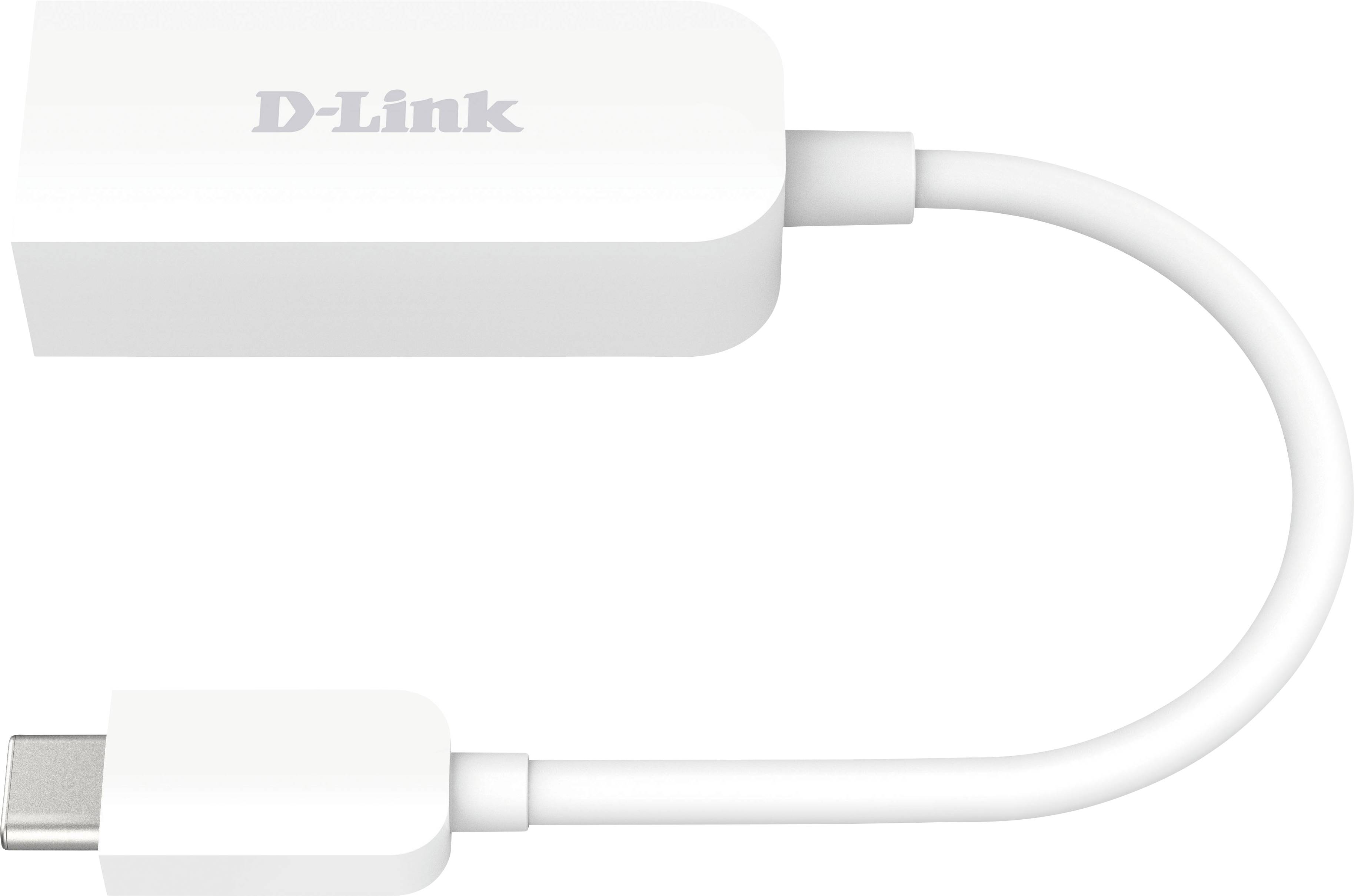White USB-C to Ethernet adapter by D-Link with flexible cable.