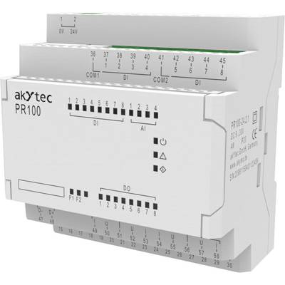 A programmable logic controller with multiple inputs and outputs, Model PR100 by akYtec, for automation applications.