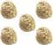 Five golden pot scrubbers made of metal wool, evenly distributed on a white background.