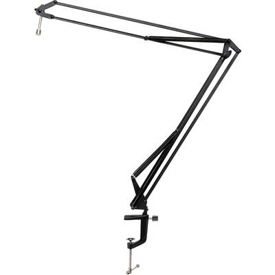 Black microphone arm, height-adjustable, with desk clamp for attaching to surfaces. Ideal for studio or podcast setup.