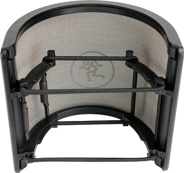 Empty, black metal fireplace spark guard that protects against sparks. Design resembles a curved, grid-like structure.