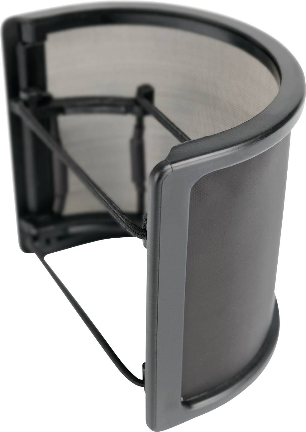 Black microphone pop filter with a round shape. Designed to reduce plosive sounds and improve audio quality during recordings.