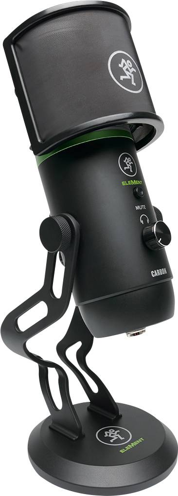 A black condenser microphone with stand and pop filter, suitable for podcast or music recordings. Brand symbol is visible.
