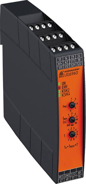 Industrial safety relay with a black housing and orange front panel, displaying various status LEDs and rotary controls.