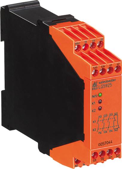 'Relay LG5925 by DOLD, orange and black, with multiple connection terminals and technical switching symbol on the front.'