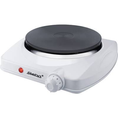 Electric hob in white with a black heating surface, temperature control dial and red indicator light on the front.