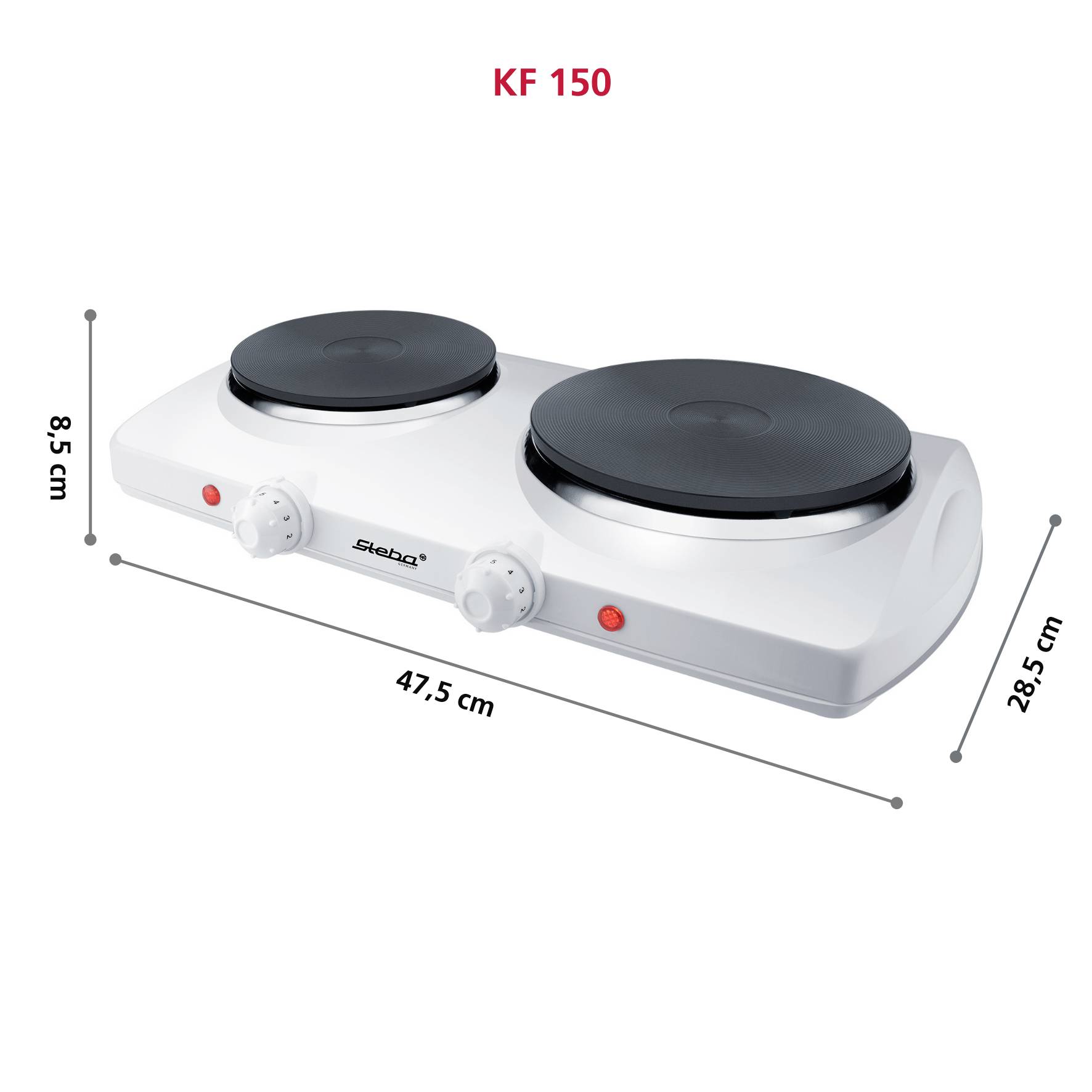 Two electric hob plates, model 'KF 150' by Steba, white. Dimensions: Width 47.5 cm, Depth 28.5 cm, Height 8.5 cm.