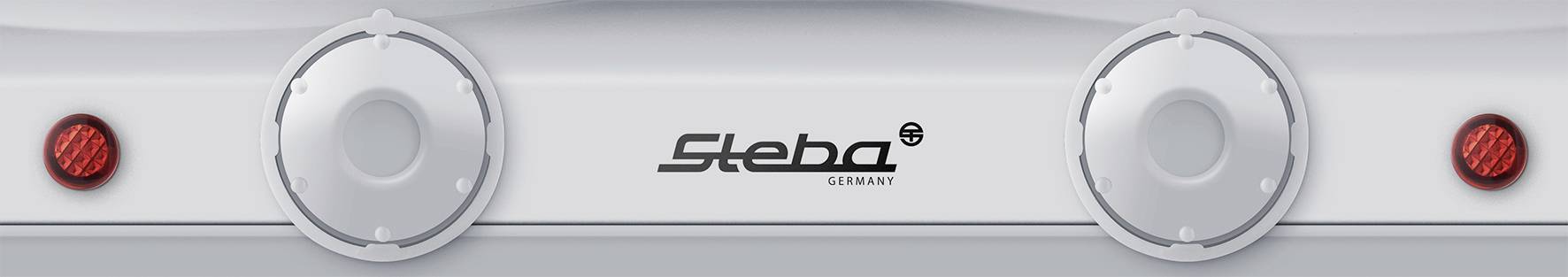 A white control panel with two rotary knobs and red indicator lights on the left and right. In the centre, 'Steba Germany' is written.