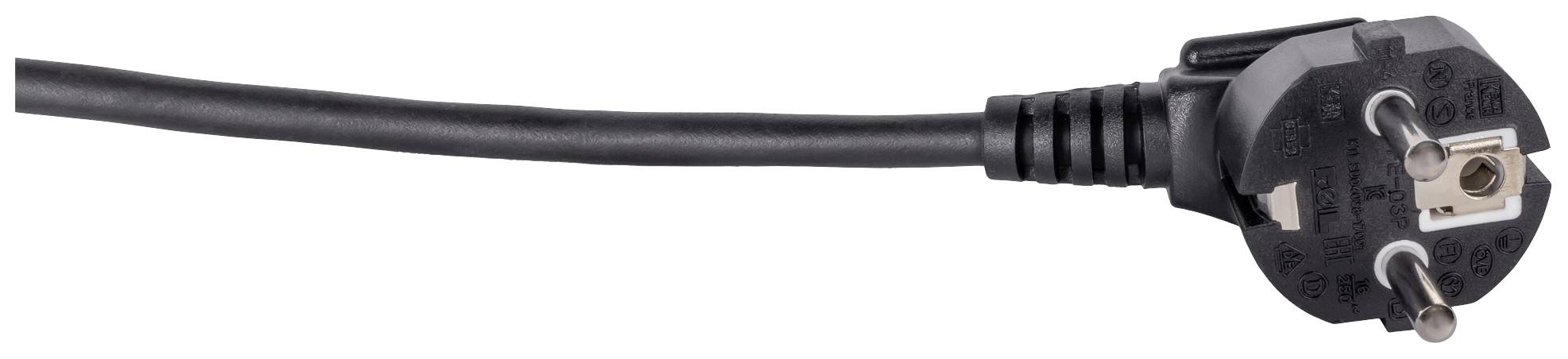 Black Type F electrical plug with two round pins and earthing clip, viewed from the side on a white background.