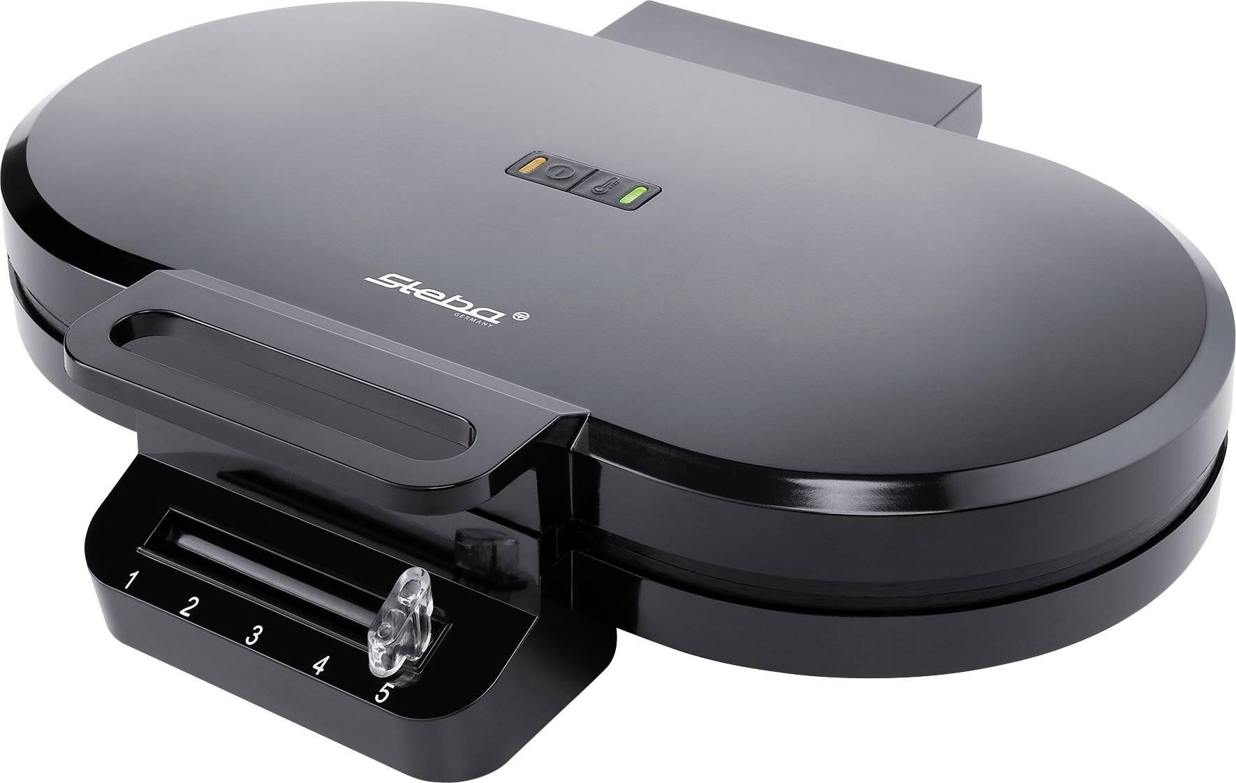 'Black waffle maker with temperature control and two indicator lights on the top surface.'