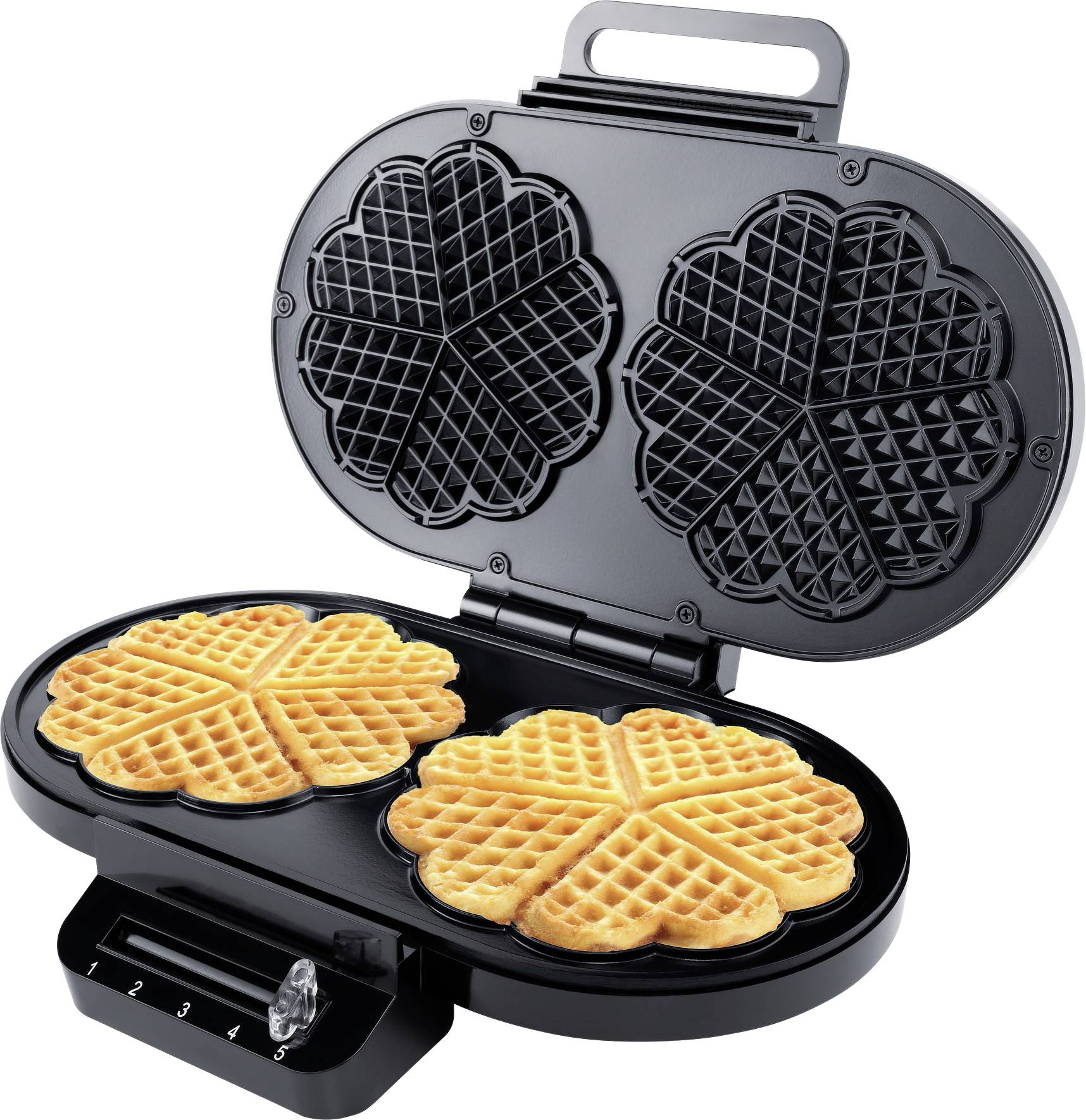 A waffle maker with two baked, heart-shaped waffles. The device is open, and the waffles are golden brown.