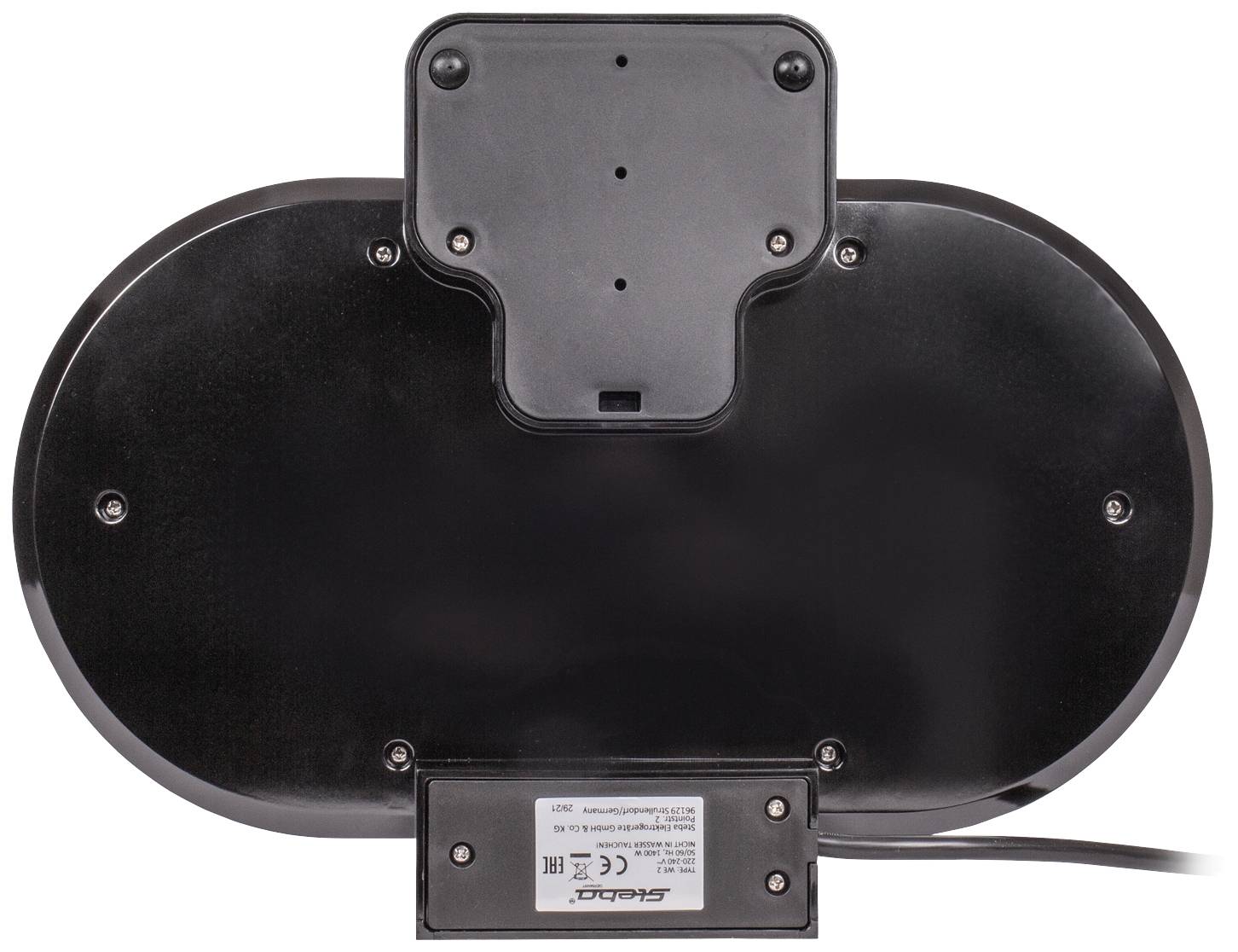 Black, oval device with cable, back with visible screws and manufacturer label at the bottom.