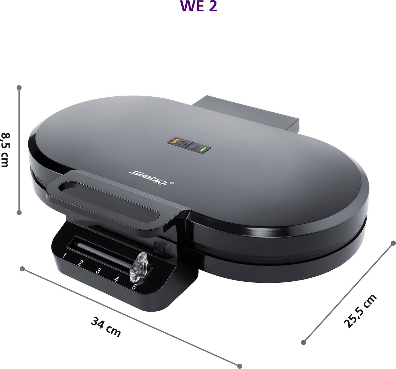 A black waffle maker with temperature control and indicator lights. Dimensions: 34 cm length, 25.5 cm width, 8.5 cm height.