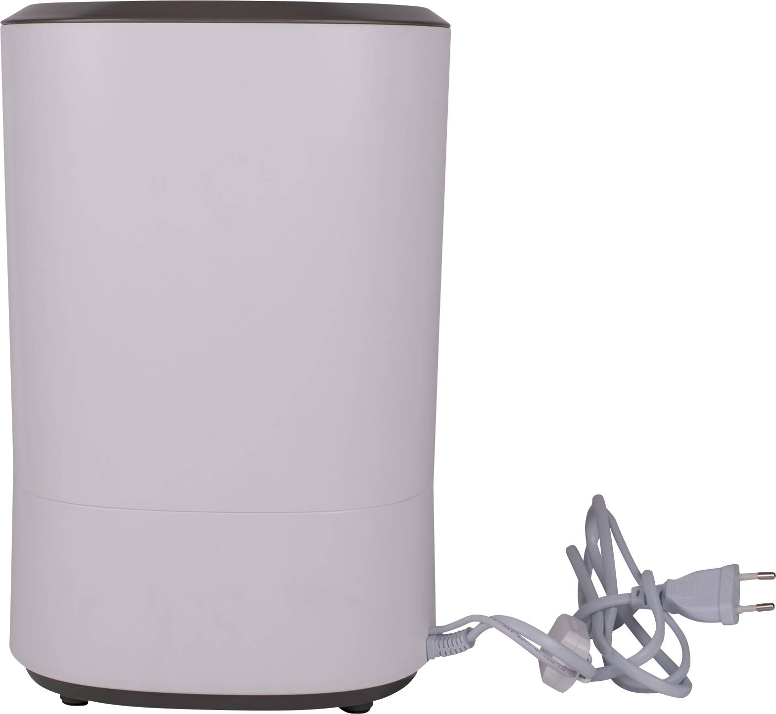 Dark-coloured round kitchen appliance with a power cord, likely a standing blender or juicer, on a white background.