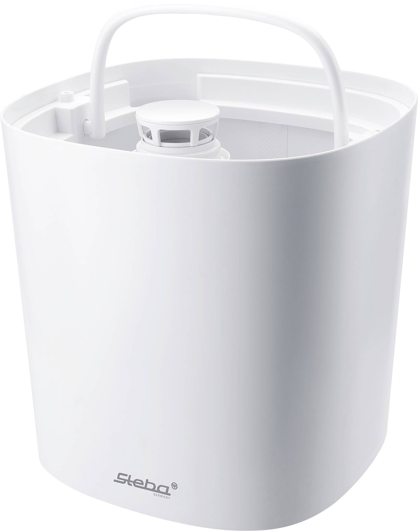 A white electric steam generator with a handle on top, suitable for typical household applications.