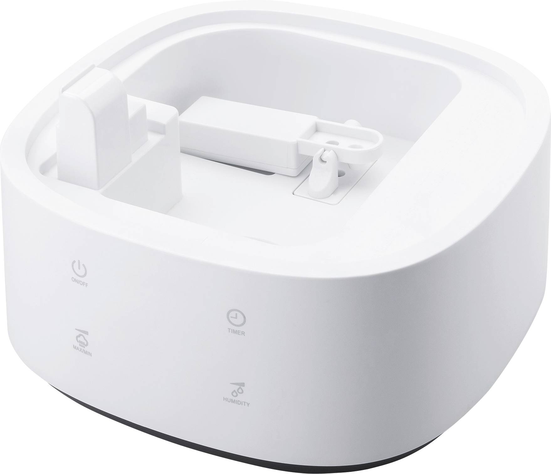 A white, square air humidifier with smooth edges, displaying power, timer, and moisture control symbols on the front.