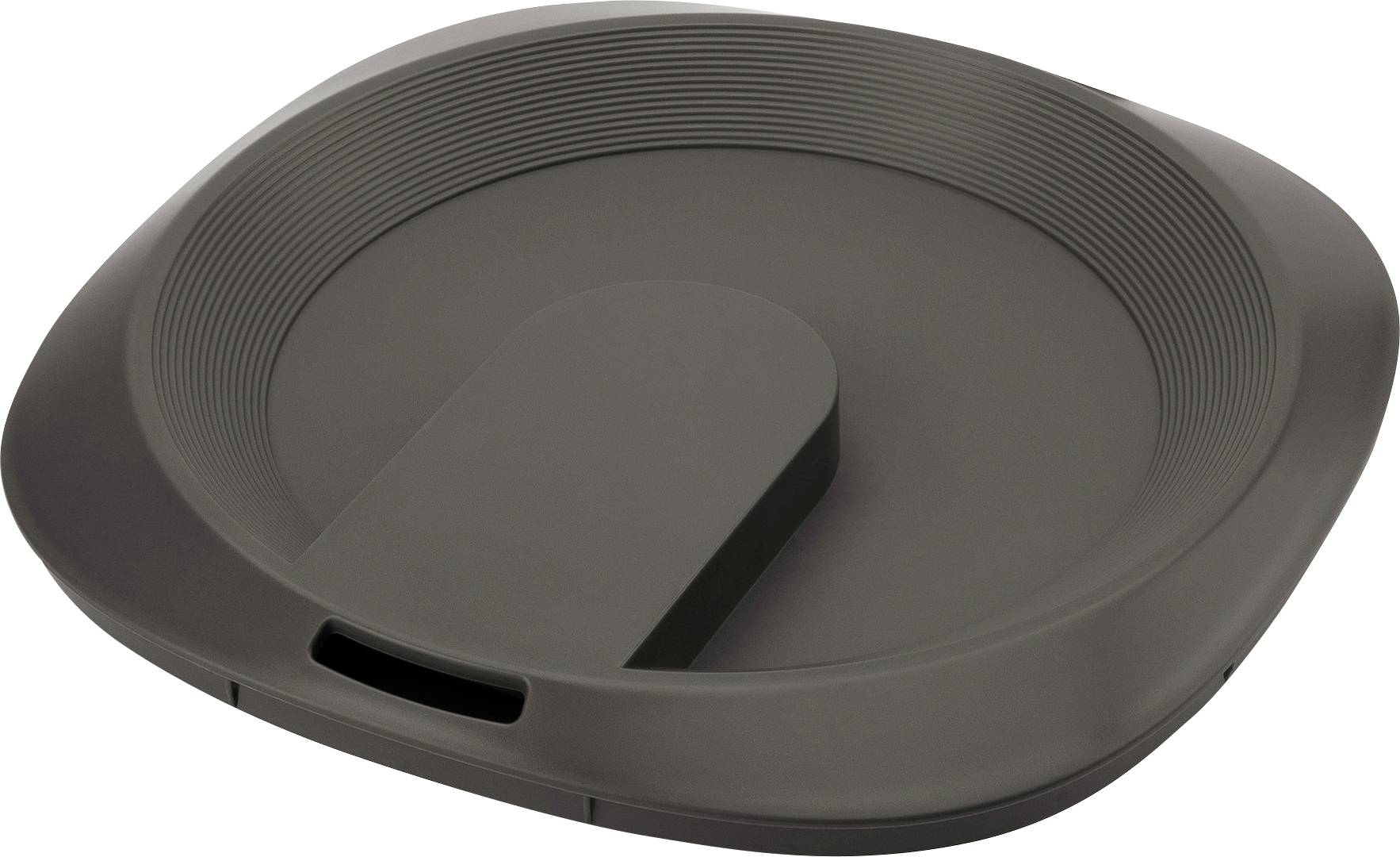 A dark grey, square tablet with rounded corners and a central, raised, rectangular section in the middle of the device.