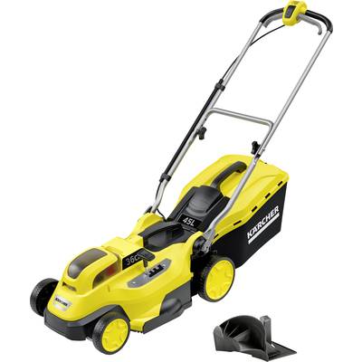 Karcher lawn mower, yellow and black, with grass collection box (45L) and adjustable handle. Suitable for small to medium-sized gardens.