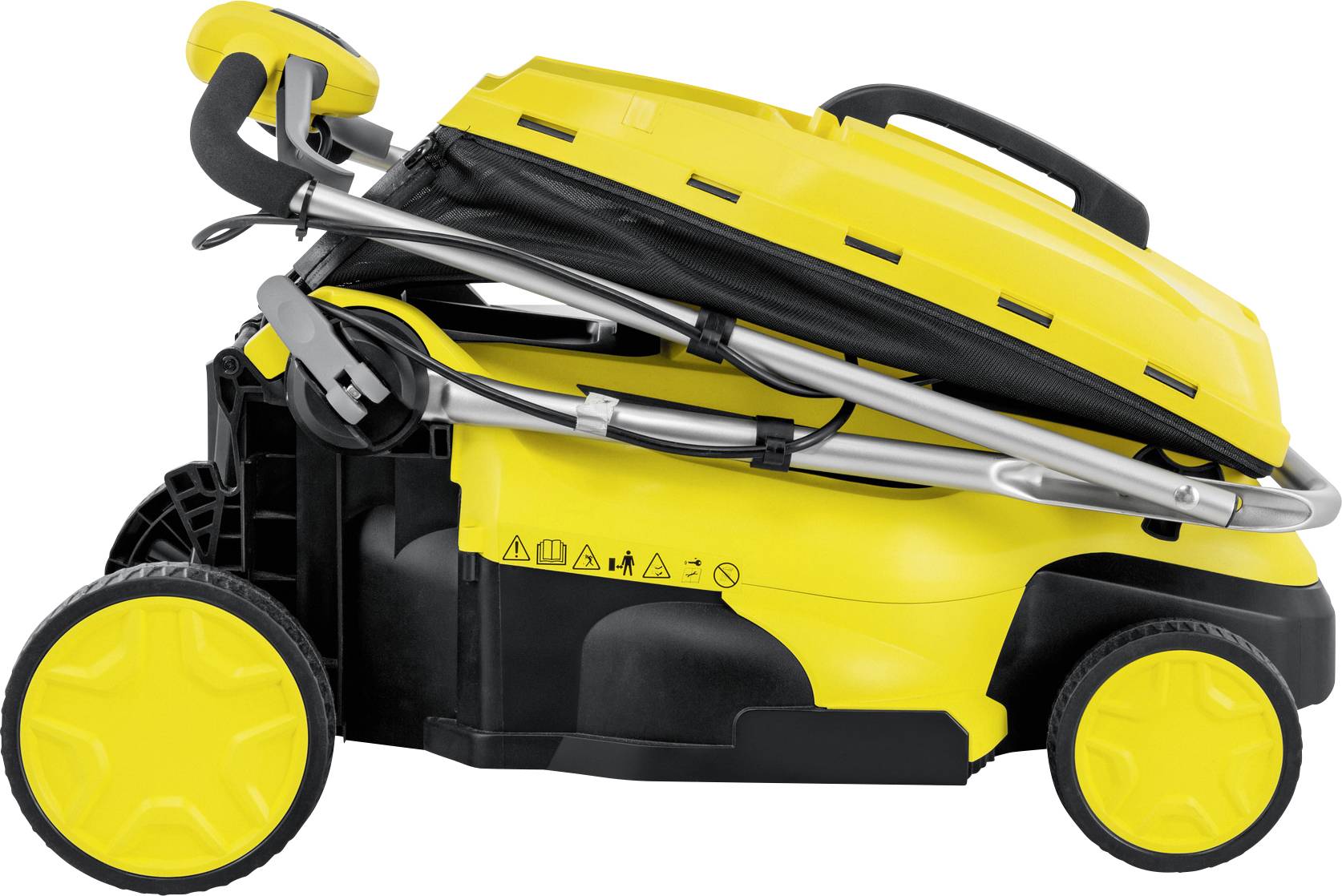 Yellow pressure washer viewed from the side, compactly folded. Large wheels, black and silver frame are visible.