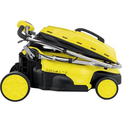 Yellow pressure washer viewed from the side, compactly folded. Large wheels, black and silver frame are visible.