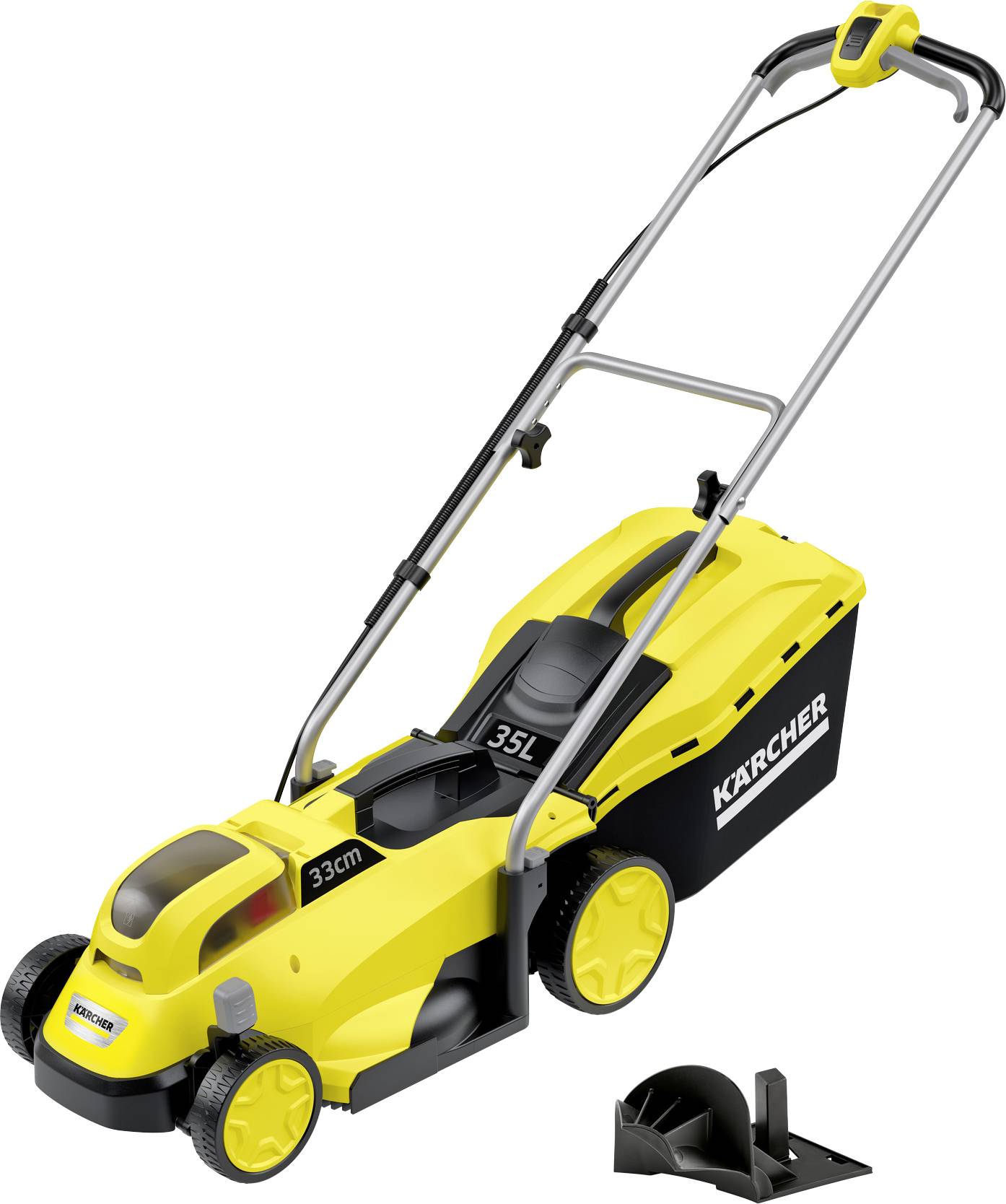 Yellow KÄRCHER lawn mower with black grass collection box, 33 cm cutting width, 35L capacity, and ergonomic handle.