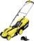 Yellow KÄRCHER lawn mower with black grass collection box, 33 cm cutting width, 35L capacity, and ergonomic handle.