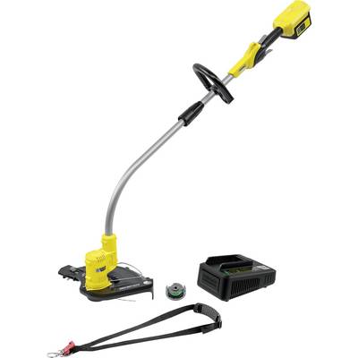 A yellow, cordless lawn trimmer with charger and shoulder strap. Ideal for precise edging of lawn borders in small gardens.