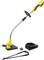 A yellow, cordless lawn trimmer with charger and shoulder strap. Ideal for precise edging of lawn borders in small gardens.