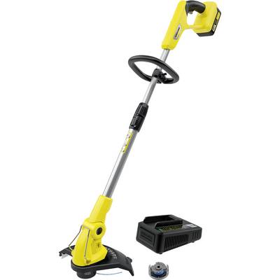 A yellow cordless lawn trimmer with battery pack and charger. Ideal for cutting grass and lawn edges in smaller gardens.