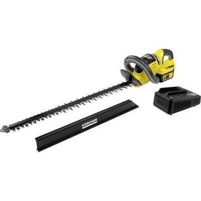 Yellow battery-powered hedge trimmer with a black handle and removable guard, with the matching battery lying beside it. Suitable for trimming hedges.