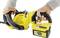 Two hands are holding a yellow, cordless electric chainsaw with a 36V battery.