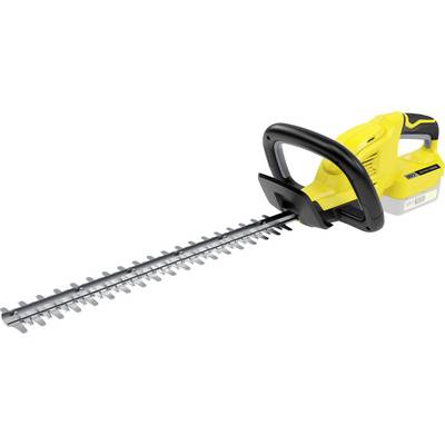 Yellow electric hedge trimmer with a black handle, long silver blade, suitable for garden work and hedge maintenance.