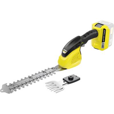 Yellow battery-powered hedge trimmer with a black handle and interchangeable blade for precise cutting of shrubs and bushes.