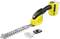 Yellow battery-powered hedge trimmer with a black handle and interchangeable blade for precise cutting of shrubs and bushes.
