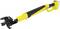 A yellow garden tool with a long handle and black cutting head, suitable for pruning branches, battery-powered, ergonomically designed.