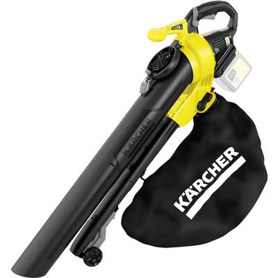 Pictured is a yellow and black Kärcher leaf blower with a detachable collection bag and carrying handle.