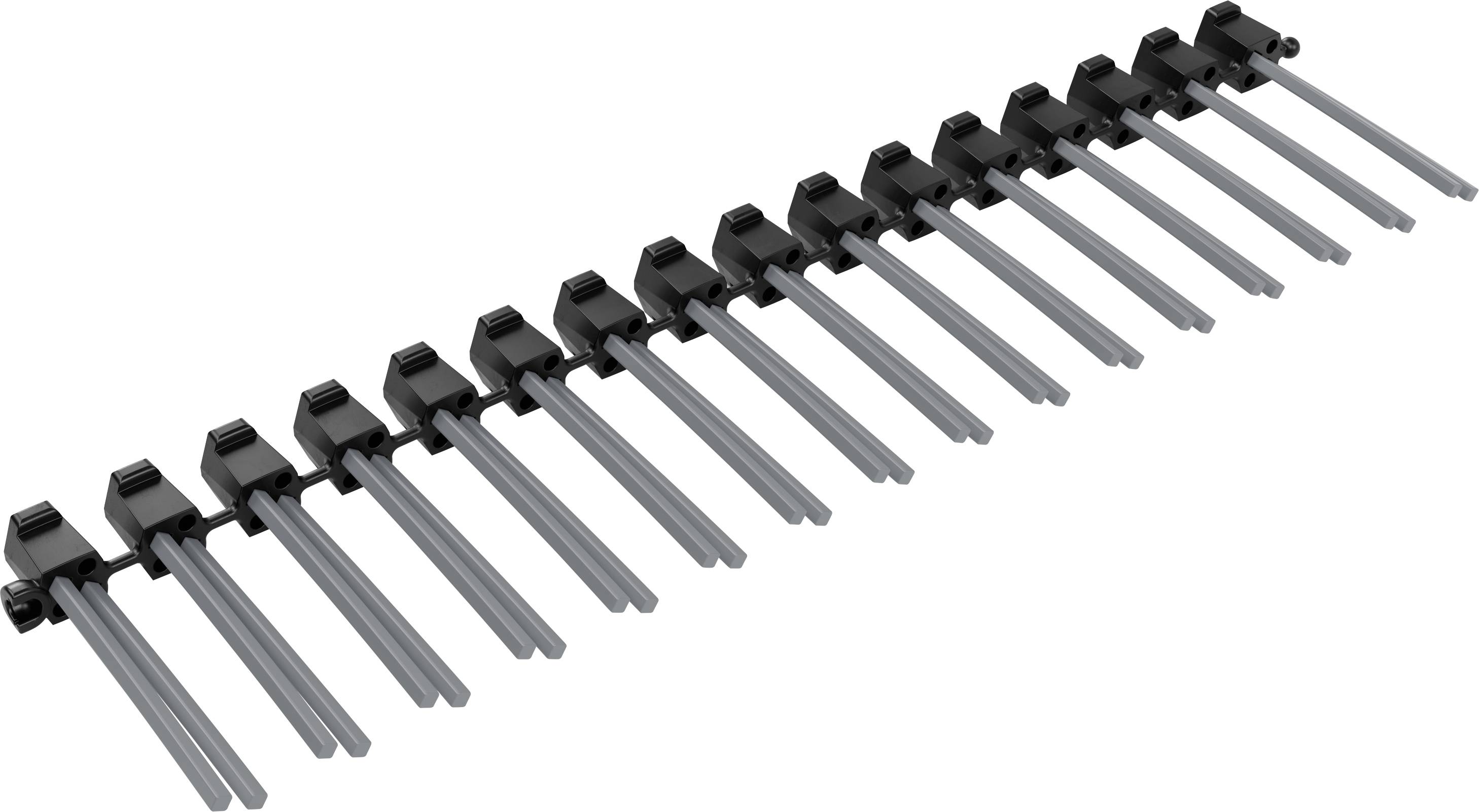 Black, multi-pole electronic connector with vertical metal pins used for connecting to a printed circuit board.